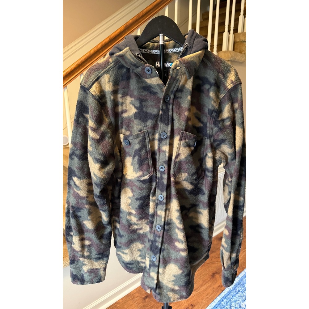 Tony Hawk Mens Camo Fleece Hooded Shirt Jacket Green Brown Large